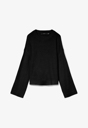 Black knitted sweater with a round neckline, long sleeves, and a cropped design. Textured fabric with ribbed cuffs and hem.
