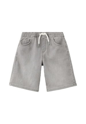 Grijze knielange shorts met elastische tailleband en witte trekkoord, met voorzakken en een casual pasvorm.