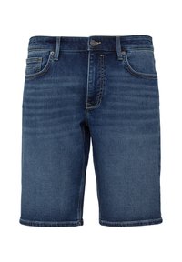 Donkerblauwe denim shorts met een rechte snit, voorzien van vijf zakken, een knoopsluiting en contrasterende gouden stiksels op de naden.