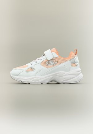 White and peach sneaker with mesh panels, lace-up front, Velcro strap, cushioned sole, and loop pull tab at heel, shown in side profile.