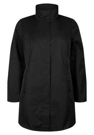 Black waterproof coat with a high collar, long sleeves, and a relaxed fit. Features two side pockets and smooth, matte texture.