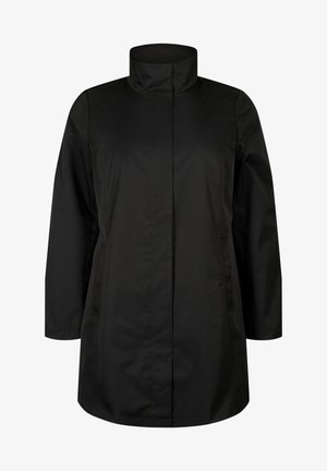 Sort vandtæt jakke med høj krave, lange ærmer og en afslappet pasform. Har to sidelommer og en glat, mat tekstur.