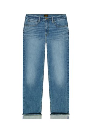 Blauwe rechte spijkerbroek met opgevouwen boorden, voorzakken, riemlussen en een knoopsluiting, gemaakt door het merk Lee.