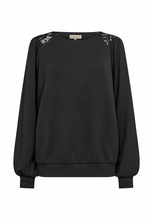 Sweat-shirt noir à manches longues avec un col rond, ornée de détails en dentelle sur les épaules, d'un ourlet et de poignets côtelés, et d'une texture douce.