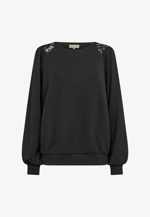 Svart långärmad sweatshirt med rund halsringning, har spetsdetaljer på axlarna, ribbad nederkant och ärmar, samt en mjuk textur.