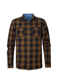 Camisa de cuadros negra y naranja con dos bolsillos en el pecho, mangas largas y un forro de cuello azul. Tejido suave con un diseño clásico.
