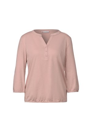 Helles rosa Langarmshirt mit V-Ausschnitt, Drei-Knopf-Leiste und gerafften Manschetten. Hergestellt aus weichem, leichtem Material.