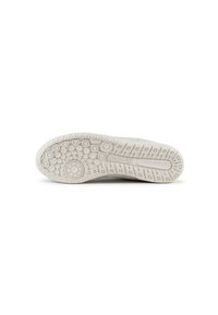 Hvid sneaker-sål med cirkulære og firkantede mønstre. Tekstur gummi med hævede detaljer og "MUNICH" branding på en sidepanel.