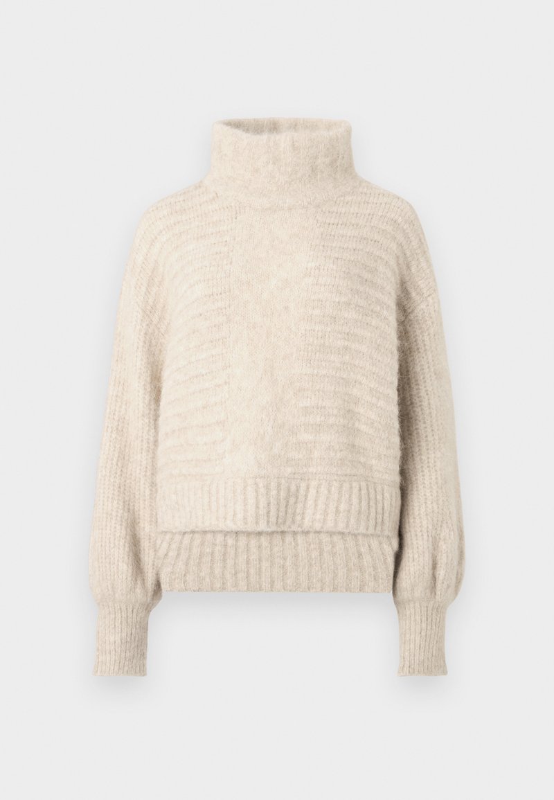 Maglione color crema con collo alto, orlo a coste e design a maglia strutturata. Presenta maniche lunghe e ampie e un aspetto morbido e accogliente.