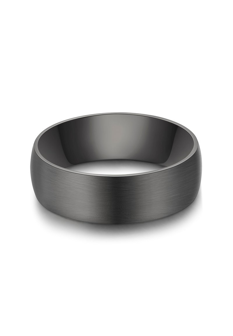 Matte black tungsten ring, rounded shape, smooth texture, featuring a brushed finish and slightly domed edges for a sleek appearance.