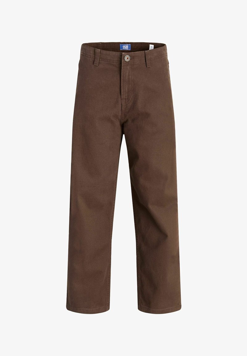 Pantalon marron à jambes droites avec passants de ceinture, bouton à l'avant et fermeture éclair, présenté sur un fond blanc uni.
