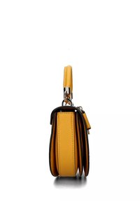 Borsa gialla compatta in pelle con finitura testurizzata, bordi neri, hardware argentato e manico superiore per il trasporto.