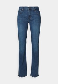 Blaue Denim-Jeans mit geradem Schnitt, mittelhoher Taille, subtilen Verwaschungen und Kontrastnähten. Verfügt über fünf Taschen und einen Metallknopfverschluss.