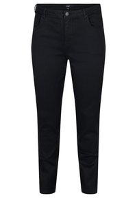 Black denim trousers with a slim fit. Features a button closure, side pockets, and a smooth texture. No visible patterns or embellishments.