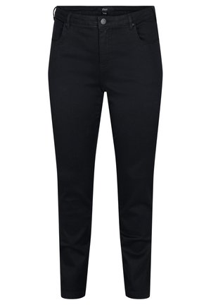 Pantalones de mezclilla negra con un corte ajustado. Cuentan con cierre de botón, bolsillos laterales y una textura suave. Sin patrones visibles ni embellishments.