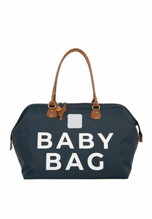 Borsa per bambini in tessuto blu navy con grande scritta bianca "BABY BAG", manici in pelle marrone e cerniere. Presenta un design strutturato e un materiale resistente.