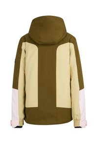 Kapuzenshirt in dunklem Olivgrün, Beige und zartem Rosa. Mit einem Farbblockdesign, elastischen Bündchen und einer glatten Textur.