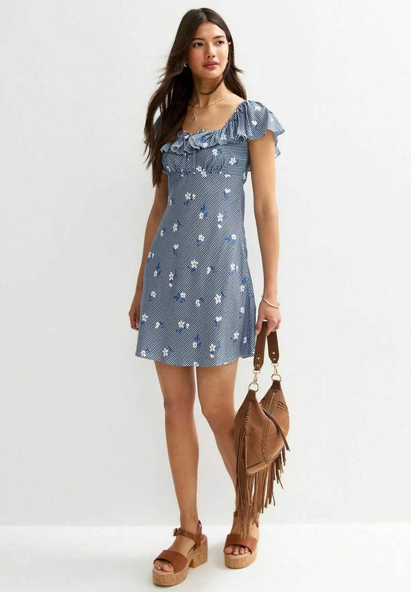 GINGHAM FLORAL PRINT MINI RUFFLE - Freizeitkleid