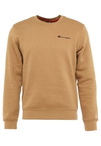Felpa in cotone marrone con scollo a girocollo, polsini e orlo a costina. Presenta un piccolo logo Champion in rosso scuro sul petto.