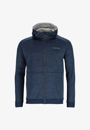 Marineblauwe zip-up hoodie met een grijze binnenvoering, voorzien van een capuchon met trekkoord, twee voorklinieken en een logo op de borst.