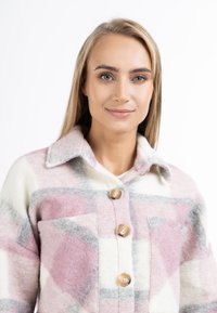 Uldblanding skjortejakke med et ternet mønster i pink, hvid og grå, med krave, knaplukning og for lommer.