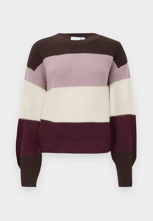 Knit sweater featuring horizontal stripes in dark brown, light purple, cream, and burgundy. Round neckline and long sleeves with ribbed cuffs.