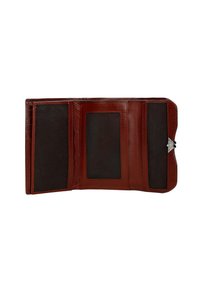 Brązowy skórzany portfel z wieloma przegródkami na karty i siateczkowymi kieszeniami, z dekoracyjnym akcentem w srebrnym odcieniu na zapięciu.