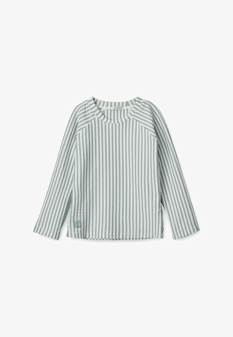 Μακρυμάνικη μπλούζα σε ανοιχτό τιρκουάζ και λευκές ρίγες με στρογγυλή λαιμόκοψη, ραγλανέ μανίκια και ένα μικρό λογότυπο στο τελείωμα.