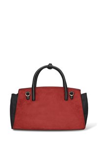 Borsa a mano in pelle scamosciata rossa e pelle nera con due manici arrotondati, design strutturato e dettagli in oro. Texture liscia e colori a contrasto.