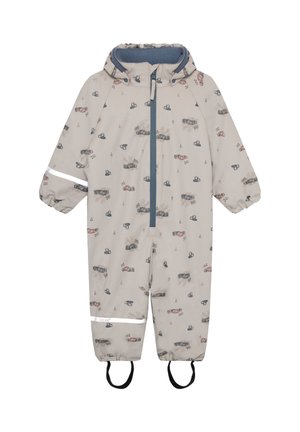 Beige waterdichte kinderoverall met capuchon, rits aan de voorkant, patroon met auto en verkeerskegel, elastische manchetten, reflecterende strepen en voetbanden.