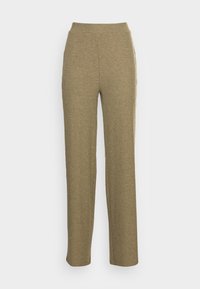 Pantalons en tricot côtelé kaki avec une taille haute, présentant une coupe droite et un tissu textur é, offrant un ajustement confortable.