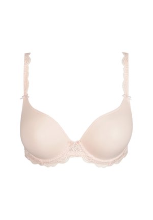 Light pink underwire bra with smooth cups, intricate lace trim along the edges, and adjustable straps featuring a bow accent.