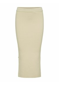 Beige knee-length pencil skirt made from stretch fabric, featuring a smooth texture and a fitted silhouette with a high, elastic waistband.