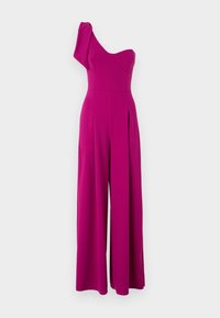 Fuksia jumpsuit med asymmetrisk en-skulder design, tettsittende overdel og vide bukser, laget av glatt, elastisk stoff.