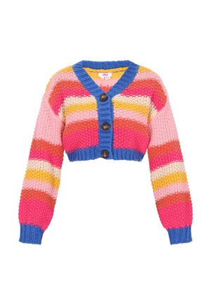 Häkelcardigan mit kurzen, weiten Ärmeln. Mit horizontalen Streifen in Pink, Orange, Gelb und Blau. Drei braune Knöpfe auf der Vorderseite.