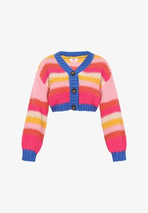 Hæklede cardigan med korte, brede ærmer. Har vandrette striber i pink, orange, gul og blå. Tre brune knapper foran.