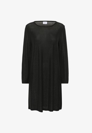 Musthave musta pikkade varrukatega kleit, millel on vabalt langev lõige ja ümar kaelus, valmistatud kergest, sädelevalt kangast, millel on minimaalne õmbluse detail.