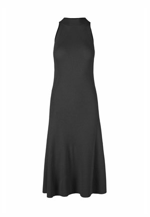 Mouwloze zwarte geribde gebreide jurk met hoge hals en uitlopende zoom, ontworpen voor een slank silhouet.