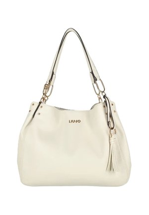 Sac à main en cuir crème avec bandoulière, ferrures dorées, détail pompon et logo "LIU-JO" sur le devant.