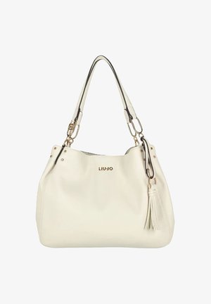 Bolso de mano de cuero color crema con correa para el hombro, herrajes dorados, detalle de borla y logo "LIU-JO" en la parte delantera.