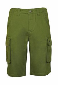 Pantalones cortos cargo de color verde oliva, hechos de algodón, con cremallera en la bragueta, que cuentan con dos bolsillos laterales tipo cargo y bolsillos frontales adicionales.