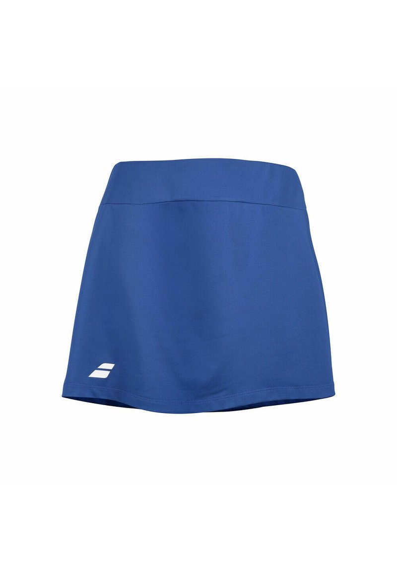 Skort atlético azul hecho de tela suave, con una cinturilla ancha y un diseño de corte recto. Incluye un pequeño logo blanco en el dobladillo.