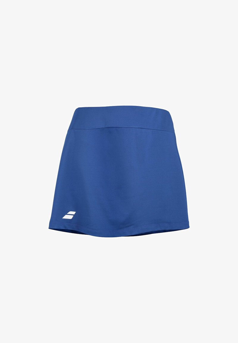 Skort atlético azul hecho de tela suave, con una cinturilla ancha y un diseño de corte recto. Incluye un pequeño logo blanco en el dobladillo.