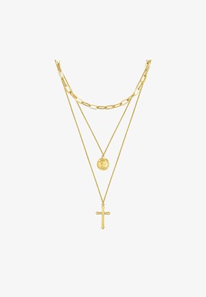 Kuldne kolmekihiline kaelakee, millel on kettlinkide kujundus, ümmargune ripats ja rist, kõik viimistletud poleeritud metalli tekstuuriga.