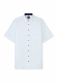 Kurzärmliges weißes Herrenhemd mit schwarzen Knöpfen, einer Brusttasche und einem kontrastierenden schwarzen Innenkragen.