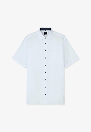 Kurzärmliges weißes Herrenhemd mit schwarzen Knöpfen, einer Brusttasche und einem kontrastierenden schwarzen Innenkragen.