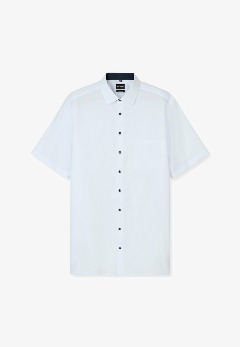 Kurzärmliges weißes Herrenhemd mit schwarzen Knöpfen, einer Brusttasche und einem kontrastierenden schwarzen Innenkragen.