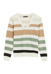 Pull rayé en V de couleur crème, marron, vert et noir. Tissu en tricot doux avec des manches longues et une coupe décontractée.