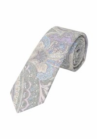 Paisleymuster-Krawatte aus weichem Stoff, mit komplizierten Mustern in hellgrau, lavendel und blauen Farbtönen; gerollte Form hebt das Designdetail hervor.