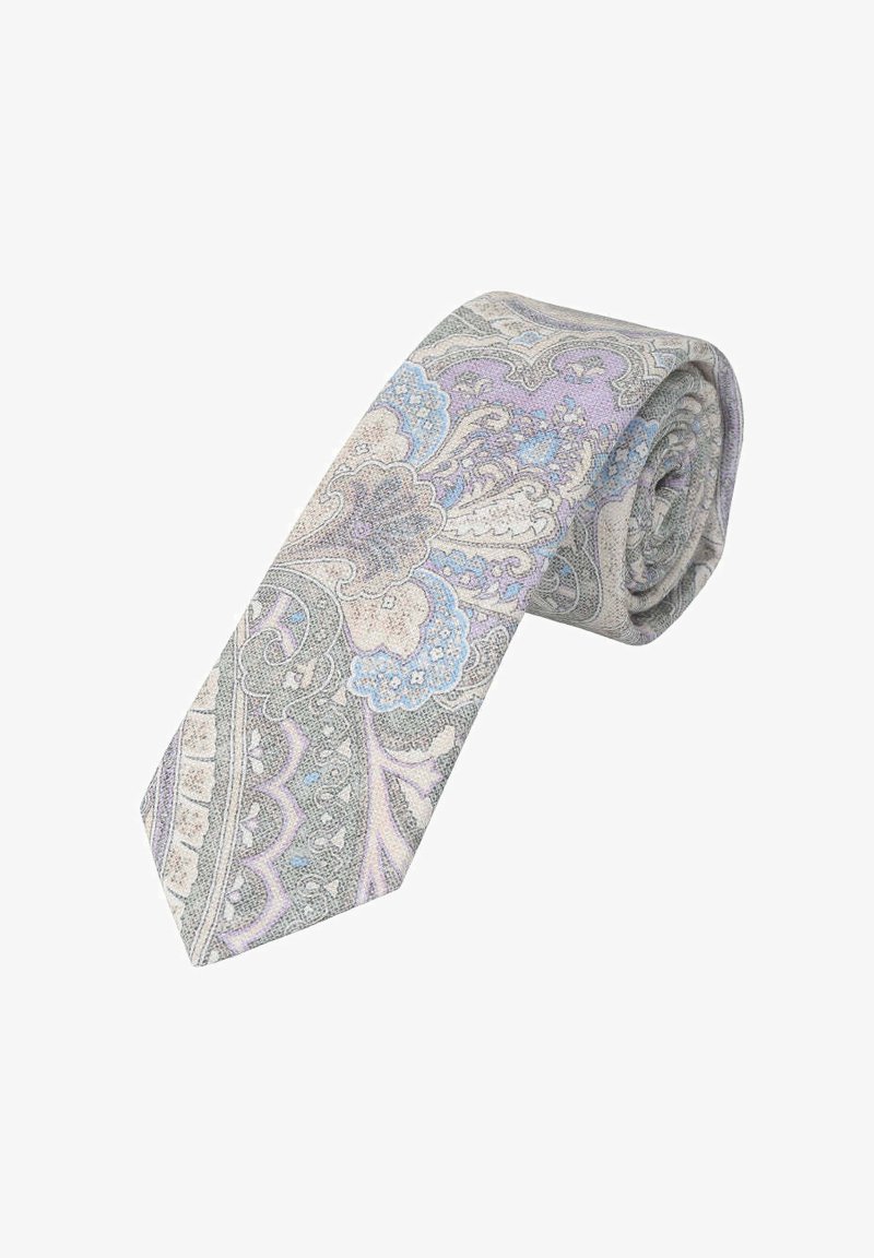 Paisleymuster-Krawatte aus weichem Stoff, mit komplizierten Mustern in hellgrau, lavendel und blauen Farbtönen; gerollte Form hebt das Designdetail hervor.
